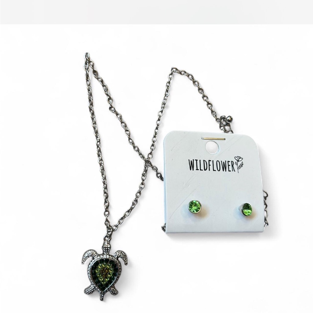 Wildflower Silver And Green Turtle Jewelry Set